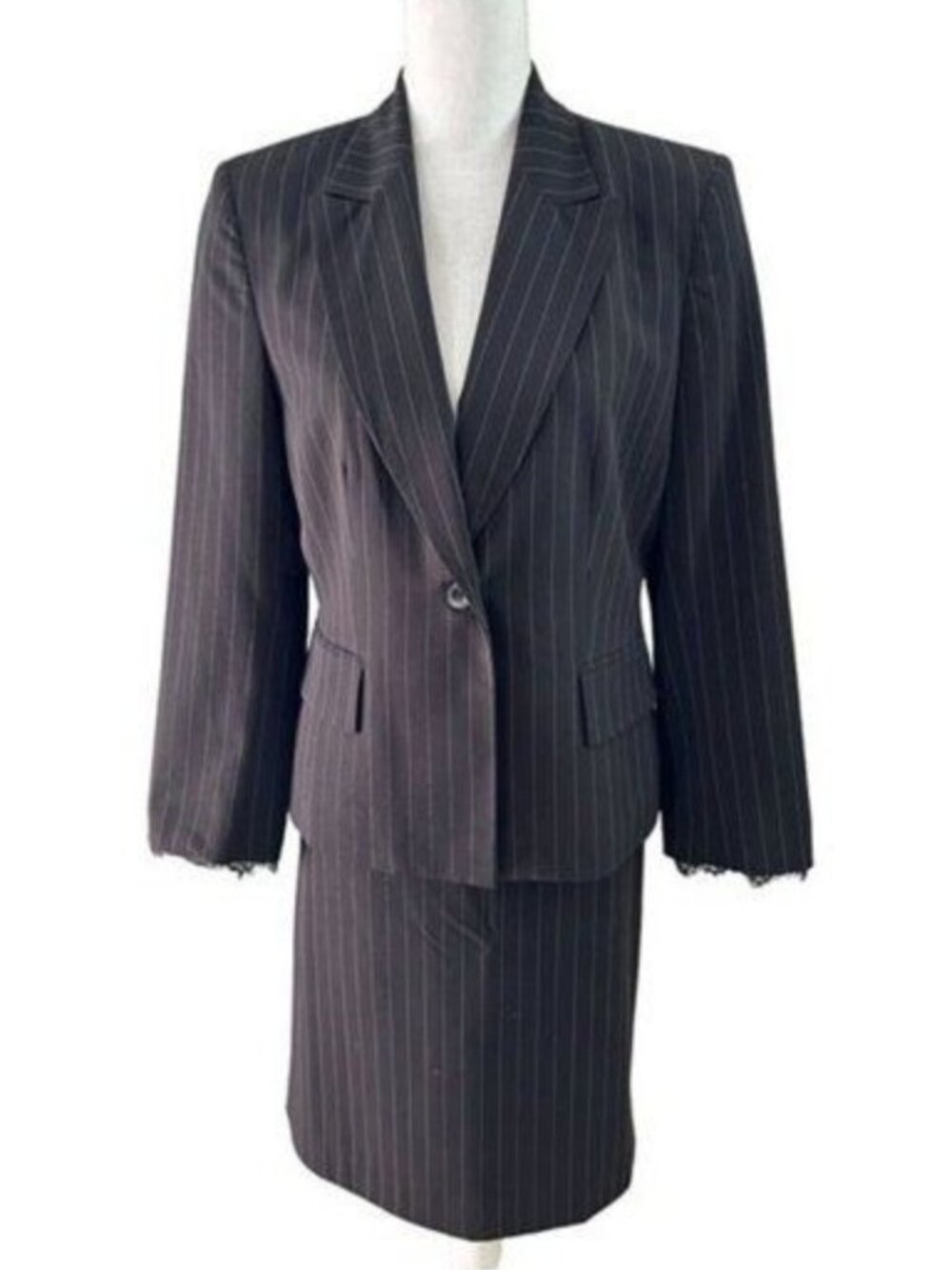 Kasper Petite 2-Piece Skirt Suit - Black & Pink Stripe with Lace Size 12P